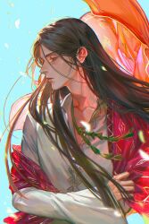 1boy adam&#039;s_apple aqua_background aubergrin black_hair closed_mouth collarbone collared_shirt commentary diamond_print easthies_(tongari_boushi_no_atelier) english_commentary falling_leaves floating_clothes floating_hair gold_trim green_brooch hair_over_shoulder half-closed_eyes hand_on_own_arm highres jacket jacket_partially_removed leaf long_hair long_sleeves looking_to_the_side male_focus open_clothes open_collar open_jacket red_eyes red_jacket shirt sleeves_past_wrists solo tongari_boushi_no_atelier upper_body white_shirt wind