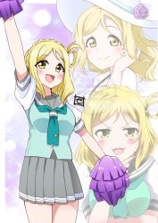 1girl birthday blonde_hair breasts commentary hair_rings hat highres large_breasts looking_at_viewer love_live! love_live!_sunshine!! medium_hair multiple_views ohara_mari pom_pom_(cheerleading) signature single_hair_ring upper_body watermark yellow_eyes zero-theme