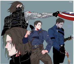 Rule 34 | 1boy, artist name, assault rifle, belt, between fingers, black-framed eyewear, black belt, black bodysuit, black gloves, black mask, black pants, blue eyes, blue jacket, bodysuit, border, brown belt, brown hair, brown pants, bucky barnes, burning, burning photo, buttons, captain america: the first avenger, captain america: the winter soldier, captain america (series), cigarette, closed eyes, closed mouth, colored inner hair, covered mouth, cowboy shot, facial hair, fingerless gloves, fingernails, gloves, goggles, grey background, grey hair, gun, hand on own hip, hand up, holding, holding cigarette, holding photo, holding shield, holding weapon, jacket, karmaho, lapels, long sleeves, looking to the side, male focus, marvel, marvel cinematic universe, mask, military jacket, mouth mask, multicolored hair, multiple views, outside border, pants, photo (object), pocket, prosthesis, prosthetic arm, rifle, shield, short hair, simple background, single glove, smile, smoke, standing, star (symbol), teeth, the falcon and the winter soldier, weapon, weapon on back, white border, winter soldier