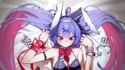 Rule 34 | 1girl, absurdres, ahoge, animal ears, bare shoulders, bed sheet, blue eyes, blue hair, bow, bowtie, breasts, card, closed mouth, colored inner hair, cuffs, detached collar, fake animal ears, hair ornament, hairband, handcuffs, hatsune miku, highres, holypotato0, leotard, long hair, looking down, lying, multicolored hair, on back, pink hair, playboy bunny, playing card, rabbit ears, rabbit hole (vocaloid), red bow, red bowtie, red ribbon, ribbon, sheet grab, solo, twintails, vocaloid, white hairband, x hair ornament