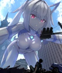 Rule 34 | 1boy, 1girl, absurdres, alien, all fours, bodysuit, breasts, building, car, chest jewel, city, clenched teeth, cloud, covered navel, destruction, giant, giantess, grey hair, highres, impossible bodysuit, impossible clothes, kaiju, long hair, magical girl, medium breasts, monster, motor vehicle, natsukaze shigure, original, outdoors, peril, red eyes, skin tight, sky, teeth, truck, twintails, uralis, variant set, white hair