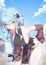 Rule 34 | 1girl, absurdres, armpits, artist request, bare shoulders, bent over, biryu soso, black dress, black panties, blue hair, braid, breasts, commission, cowboy shot, detached sleeves, dress, earrings, frown, hair ornament, hand on own thigh, highres, jewelry, large breasts, long hair, long sleeves, looking at viewer, open mouth, original, panties, pelvic curtain, second-party source, see-through clothes, see-through sleeves, seolbaek, sideboob, sideless dress, single braid, solo, standing, string panties, thighs, underwear, very long hair, yellow eyes