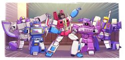 Rule 34 | 5boys, absurdres, airplane wing, aoi rena, arm cannon, assault visor, astrotrain, blitzwing, chalkboard, classroom, clenched hand, decepticon, emphasis lines, hand on own hip, hare hare yukai, highres, kneeling, looking at viewer, looking up, male focus, mecha, multiple boys, on one knee, one-eyed, open hands, open mouth, parody, pointing, pointing up, red eyes, robot, shockwave (transformers), shoulder cannon, smile, soundwave (transformers), starscream, suzumiya haruhi no yuuutsu, transformers, visor, weapon, yellow eyes