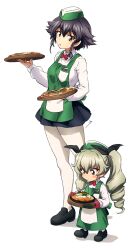2girls :&lt; absurdres anchovy_(girls_und_panzer) apron black_hair black_pantyhose blush blush_stickers braid breasts chibi closed_mouth drill_hair employee_uniform erakin food full_body girls_und_panzer green_apron green_hair hat highres holding holding_food jacket long_hair looking_at_viewer medium_breasts multiple_girls open_mouth pantyhose pepperoni_(girls_und_panzer) pizza red_eyes shirt short_hair smile twin_drills white_shirt yellow_eyes