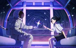 1girl 1other bag black_shorts commentary_request ferris_wheel from_side gloves helmet highres legs looking_at_another matsuba10 original polaris_(star) scenery shirt shorts shoulder_bag sitting space_helmet spacesuit striped_clothes striped_shirt white_gloves