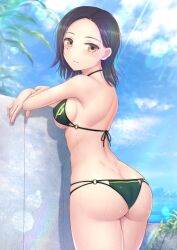 ass bikini black_hair blush breasts cloud comoli_harcourt crossed_arms day green_bikini gundam gundam_gquuuuuux light_rays looking_at_viewer looking_back medium_breasts mole mole_under_eye o-ring o-ring_bikini outdoors paid_reward_available parted_lips ryu-akt short_hair sky solo sunbeam sunlight swimsuit yellow_eyes