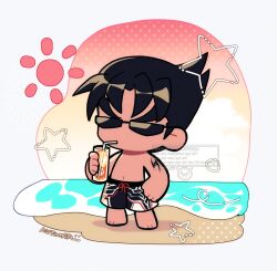 Rule 34 | 1boy, barefoot, beach, black hair, chibi, chibi only, drinking, drinking straw, drinking straw in mouth, highres, kazama jin, kotorai, male focus, male swimwear, outdoors, shore, shoulder tattoo, solo, sun symbol, sunglasses, swim trunks, tattoo, tekken, topless male, v-shaped eyebrows, water, watermark