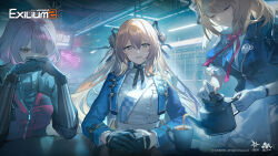 3girls black_gloves blue_shirt brown_eyes centaureissi_(girls&#039;_frontline_2) closed_eyes closed_mouth commander_(girls&#039;_frontline) cup female_commander_(girls&#039;_frontline) g36_(girls&#039;_frontline) girls&#039;_frontline girls&#039;_frontline_2:_exilium gloves grey_eyes highres holding holding_kettle indoors kettle long_hair long_sleeves looking_at_viewer maid medium_hair multiple_girls official_art open_mouth own_hands_together pink_eyes pink_hair shirt sitting skirt smile springfield_(girls&#039;_frontline) springfield_(girls&#039;_frontline_2) tea teacup white_gloves white_shirt