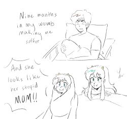 1boy 2girls absurdres after_birth and_he_looks_like_his_stupid_dad_(meme) baby bed carrying carrying_baby carrying_person collarbone commentary cone_horns english_commentary family fangs father_and_daughter highres horns hospital_bed if_they_mated implied_male_pregnancy long_hair lum lying meme monochrome moroboshi_ataru mother_and_daughter muffinmoonn multiple_girls short_hair sidelocks signature smile spot_color swaddled under_covers urusei_yatsura