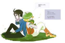 1boy 1girl ahoge back-to-back bianca_(pokemon) black_pants black_shoes blonde_hair blue_jacket cheren_(pokemon) closed_eyes creatures_(company) dress falling_leaves from_side game_freak gen_5_pokemon glasses grass green_bag green_hat hand_up hat highres holding holding_pokemon jacket leaf majyo_(witch_poke) nintendo orange_pantyhose orange_vest pants pantyhose pokemon pokemon_(creature) pokemon_bw shirt shoes short_hair sitting snivy translation_request vest white_dress white_shirt yellow_shoes