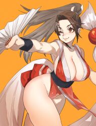 1girl bare_shoulders breasts brown_hair cleavage crossover fatal_fury folding_fan bad_tag bad_tag hand_fan high_ponytail highres japanese_clothes large_breasts long_hair luci_omi_gusu ninja one_eye_closed pelvic_curtain ponytail revealing_clothes shiranui_mai smile solo street_fighter street_fighter_6 the_king_of_fighters