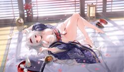 1girl alcohol architecture arm_up artist_request azur_lane ball bare_legs bare_shoulders barefoot bed_sheet black_choker blue_sash blush bottle breasts cherry_blossoms choker choko_(cup) cleavage closed_mouth collarbone cup day east_asian_architecture envelope falling_petals feet fingernails floral_print floral_print_kimono flower futon grey_hair hair_intakes hair_ornament hair_spread_out hairband hand_up haori headband highres indoors japanese_clothes kimono knees_together_feet_apart knees_up lamp lantern large_breasts legs long_hair long_sleeves looking_at_viewer lying montpelier_(azur_lane) nail_polish naked_kimono no_bra no_panties non-web_source obi off_shoulder official_alternate_costume official_art on_back on_bed open_clothes open_kimono paper_lantern parted_lips petals pillow print_kimono red_eyes red_hairband red_headband red_sash sake sake_bottle sandals sash shoes short_kimono sidelocks sliding_doors solo sunlight tatami thighs toenail_polish toenails toes tray unworn_sandals unworn_shoes very_long_hair white_kimono wide_sleeves window