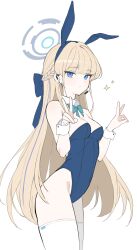 1girl absurdres animal_ears bare_shoulders blonde_hair blue_archive blue_bow blue_bowtie blue_eyes blue_hair blue_halo blue_leotard bow bowtie braid breasts cleavage collarbone commentary detached_collar earpiece fake_animal_ears hair_bow halo highleg highres leotard long_hair looking_at_viewer mill playboy_bunny rabbit_ears solo sparkle strapless strapless_leotard thighhighs toki_(blue_archive) toki_(bunny)_(blue_archive) v very_long_hair white_background wrist_cuffs