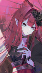 Rule 34 | 1girl, baobhan sith (dream portrait) (fate), baobhan sith (fate), black flower, black kimono, breasts, fate/grand order, fate (series), flower, grey eyes, hair flower, hair ornament, highres, japanese clothes, kimono, long hair, looking at viewer, oil-paper umbrella, pink hair, pointy ears, red kimono, sidelocks, solo, tatsunomiya, umbrella, upper body