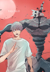 2boys fangs fleeing grey_hair hibino_kafka hibino_kafka_(kaiju_form) highres horns ichikawa_reno kaijuu_no._8 kocorin monster_boy multiple_boys muscular muscular_male open_mouth shirt short_hair short_sleeves skull sweat tagme white_shirt