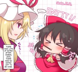 &gt;_&lt; ... 2girls :d ascot black_hair blonde_hair blush bow breasts chibi dated detached_sleeves english_text closed_eyes flying_sweatdrops hair_bow hair_tubes hakurei_reimu hard-translated hat medium_breasts meme mob_cap multiple_girls open_mouth pocky_day purple_eyes shiohachi sideways_mouth skirt skirt_set smile spoken_ellipsis sweat they_had_lots_of_sex_afterwards_(meme) third-party_edit touhou translated trembling vest yakumo_yukari yuri