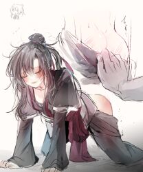 2boys all_fours alternate_hairstyle ass black_hair black_hanfu blush chinese_clothes closed_eyes clothes_pull doodle_inset hair_between_eyes hair_bun hair_ribbon hanfu long_hair long_sleeves male_focus mo_xuanyu modao_zushi multiple_boys multiple_views out_of_frame pants pants_pull ponytail rakkyhappy red_ribbon ribbon sidelocks simple_background single_hair_bun sketch solo_focus spanked spanking sweat sweatdrop tears trembling wei_wuxian white_background yaoi