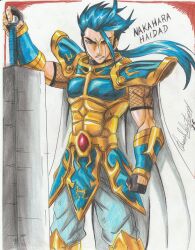 1boy 2015 angry arm_armor armor artist_name biceps black_gloves blue_eyes blue_hair cape clenched_hands clenched_teeth fingerless_gloves gem gloves haidad_nakahara_(ravernclouk_design) holding holding_sword holding_weapon long_sword male_focus medium_hair muscular muscular_male original pants ponytail ravernclouk_design shoulder_armor simple_background solo standing sword teeth text_background traditional_media v-shaped_eyebrows warrior weapon white_cape white_pants