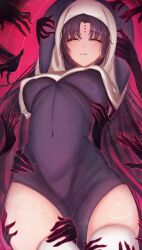 0nineo9 1girl absurdres arms_behind_head arms_up black_dress black_hair breasts buddhist_nun dress facial_mark fate/extra fate/extra_ccc fate/grand_order fate_(series) forehead_mark ghost_hands highres large_breasts long_hair long_sleeves looking_at_viewer nun parted_bangs revision sessyoin_kiara side_slit smile thighhighs thighs very_long_hair white_thighhighs yellow_eyes