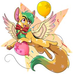 25th_anniversary_neopet animal_focus balloon bow commentary creature creature_focus english_commentary feathered_wings flippingchicken green_hair highres long_tail neopet_(creature) neopets no_humans pawpads pink_eyes red_bow short_hair solo star_(symbol) tail wings xweetok yellow_fur