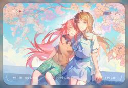 2girls absurdres bang_dream! bang_dream!_it&#039;s_mygo!!!!! blue_background blue_eyes blue_ribbon brown_hair brown_sweater_vest cang_(akaga204) cherry_blossoms chihaya_anon chinese_commentary closed_eyes collared_shirt commentary_request day dress fang green_eyes green_skirt haneoka_school_uniform highres leaning_on_person long_hair looking_at_viewer multiple_girls nagasaki_soyo neck_ribbon open_mouth outdoors parted_lips pink_hair plaid_clothes plaid_skirt pleated_skirt recording ribbon school_uniform shirt short_sleeves sidelocks sitting skin_fang skirt smile sweater_vest tsukinomori_school_uniform viewfinder white_dress white_shirt yuri