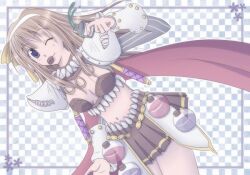 1girl armor bikini bikini_top_only blush breasts brown_bikini brown_hair brown_skirt checkered_background closed_mouth commentary_request cork cowboy_shot dated_commentary dutch_angle genetic_(ragnarok_online) grey_background hairband long_hair looking_at_viewer medium_breasts midriff miniskirt mouth_hold navel one_eye_closed pauldrons poison potion purple_eyes ragnarok_online sharari shoulder_armor skirt smile solo swimsuit white_hairband