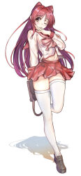 1girl absurdres bag bow breasts brown_bag closed_mouth highres holding holding_bag kousaka_tamaki long_hair medium_breasts navel one_eye_closed panties red_bow red_hair red_sailor_collar red_skirt sailor_collar school_bag shirt skirt solo take_(pixiv58784208) thighhighs to_heart_(series) to_heart_2 tongue tongue_out underwear very_long_hair white_panties white_shirt white_thighhighs yellow_eyes