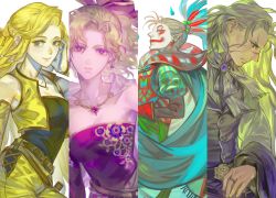 1girl amano_yoshitaka_design bare_shoulders blonde_hair blue_eyes breasts cefca_palazzo celes_chere cleavage closed_mouth commentary dress earrings elbow_gloves female_focus final_fantasy final_fantasy_vi gloves green_hair jewelry long_hair looking_at_viewer medium_hair multiple_boys multiple_girls necklace ponytail prema-ja scar setzer_gabbiani smile solo tina_branford