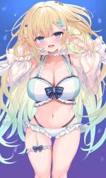 1girl absurdres ana_(vvvvor) bikini blonde_hair blush breasts cleavage collarbone commentary_request detached_sleeves earrings hair_ornament hairclip highres jewelry large_breasts long_hair looking_at_viewer navel open_mouth original sky solo swimsuit