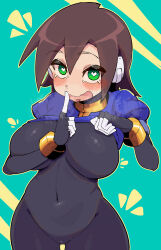 1girl absurdres aile_(mega_man_zx) black_bodysuit blush bodysuit bodysuit_under_clothes breasts brown_hair buzzlyears commentary covered_erect_nipples covered_navel finger_to_mouth green_eyes hair_between_eyes hands_up heart heart-shaped_pupils heart_in_mouth highres index_finger_raised large_breasts lifting_own_clothes looking_at_viewer medium_hair mega_man_(series) mega_man_zx open_mouth puffy_short_sleeves puffy_sleeves robot_ears short_sleeves shushing simple_background solo steaming_body symbol-shaped_pupils wavy_mouth