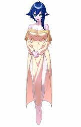 1girl absurdres bakugan bakugan_gundalian_invaders bare_shoulders blue_hair bodystocking breasts collarbone colored_skin dress fabia_sheen fabia_sheen_(neathian) green_eyes highres leiva looking_at_viewer medium_breasts no_pupils open_mouth own_hands_together pale_skin pink_skin pointy_ears short_hair solid_eyes solo white_background yellow_dress
