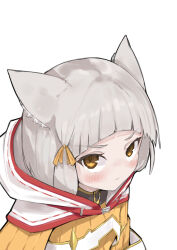 animal_ear_fluff animal_ears blush closed_mouth collared_jacket from_above from_side grey_hair hair_ribbon highres hood hood_down jacket looking_at_viewer looking_up nia_(xenoblade) orange_eyes orange_jacket portrait red_trim ribbon sideways_glance simple_background so_(user_jkaz7455) white_background white_hood xenoblade_chronicles_(series) xenoblade_chronicles_2