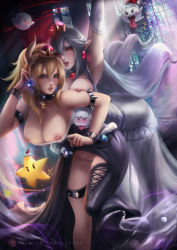 2girls armband artist_name ass axsen bell blonde_hair blue_eyes bowsette collar collar_bell crown dress earrings elbow_gloves genderswap genderswap_(mtf) gloves highres horns jewelry long_hair looking_at_viewer mario_(series) multiple_girls nintendo nipples pointy_ears princess_king_boo pussy red_eyes stained_glass uncensored white_hair window yuri