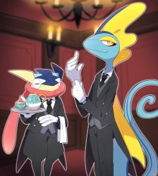 2boys absurdres adjusting_clothes adjusting_gloves black_coat black_necktie black_pants blue_skin blurry blurry_background bright_pupils butler candle chandelier chromatic_aberration closed_eyes closed_mouth clothed_pokemon coat collared_shirt colored_skin cup fins formal_clothes frog_boy furry furry_male gen_6_pokemon gen_8_pokemon gloves greninja grey_vest half-closed_eyes hands_up happy head_fins highres holding holding_tray indoors inteleon lizard_tail long_tongue looking_to_the_side male_focus multicolored_skin multiple_boys napkin necktie nintendo open_clothes open_coat outline own_hands_together pants pokemon pokemon_(creature) polteageist puffy_pants reptile_boy shirt sinistea smile standing subaru331 tail tailcoat teacup teapot tongue tongue_out tray two-tone_skin vest white_gloves white_outline white_pupils white_shirt yellow_eyes yellow_skin
