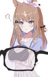 1girl ? absurdres almond_eye_(umamusume) black_bow black_bra blue_eyes blush bow bra braid breasts brown_hair cleavage collarbone fgej8858 hair_bow hair_ornament hairband hairclip highres long_hair medium_breasts multicolored_hair navel parted_lips pleated_skirt ponytail side_braid simple_background single_braid skirt solo streaked_hair umamusume underwear white_background white_hair white_hairband white_skirt x-ray_glasses x-ray_vision