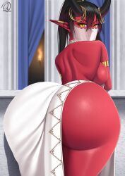 1girl armlet ass black_hair blurry blurry_background breasts colored_skin demon_girl demon_horns highres horn_ornament horn_ring horns jewelry large_breasts looking_at_viewer mouth_veil original pointy_ears ponytail red_skin rocky-ace slit_pupils solo torch veil yellow_eyes