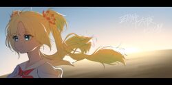 1girl 3: backlighting blonde_hair blue_dress blue_eyes closed_mouth dress floating_hair flower green_hair hair_flower hair_ornament hasu_no_sora_school_uniform highres letterboxed light_frown link!_like!_love_live! long_hair love_live! neckerchief osawa_rurino othiwo parted_bangs puffy_short_sleeves puffy_sleeves red_flower red_neckerchief sailor_collar sailor_dress school_uniform short_sleeves solo summer_uniform sunset translation_request twintails virtual_youtuber white_sailor_collar