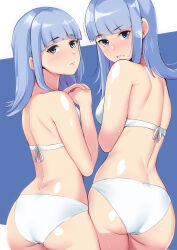 1girl ass bikini blue_background blue_eyes blue_hair breasts cowboy_shot flipped_hair hatsukaze_(kancolle) highres kantai_collection long_hair looking_at_viewer looking_back multiple_views small_breasts strapless swimsuit tirasi_(so) white_bikini