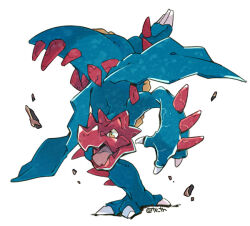 claws debris druddigon full_body gen_5_pokemon nintendo no_humans nostrils open_mouth pokemon pokemon_(creature) signature simple_background tetori white_background yellow_eyes