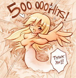 1girl blonde_hair breasts crisis fang felarya karbo lamia long_hair medium_breasts monster_girl nipples open_mouth smile