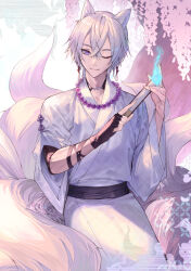 1boy ;) animal_ear_fluff animal_ears bead_necklace beads black_gloves blue_fire closed_mouth commentary_request fingerless_gloves fire folded_fan folding_fan fox_boy fox_ears fox_tail gloves grey_hair hair_between_eyes hand_fan holding holding_fan hu_kotora japanese_clothes jewelry kimono kitsune long_sleeves looking_at_viewer male_focus necklace obi one_eye_closed original purple_eyes sash single_glove smile solo tail white_kimono wide_sleeves