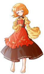 1girl aki_minoriko alphes_(style) apron barefoot blonde_hair commentary_request dairi food fruit full_body grapes hat long_sleeves looking_at_viewer neck_ribbon no_headwear parody red_eyes ribbon ringed_eyes shirt short_hair skirt solo style_parody tachi-e touhou transparent_background wide_sleeves