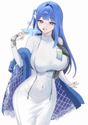 Rule 34 | 1girl, alisame, arcana (nikke), blue hair, breast zipper, breasts, card, dress, full-length zipper, goddess of victory: nikke, grey eyes, highres, large breasts, long hair, nightgown, simple background, solo, tarot, tarot card, tight clothes, tight dress, white background, white nightgown, zipper, zipper dress