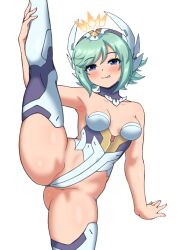 1girl azure_striker_gunvolt bare_shoulders blue_eyes blush breasts cowboy_shot green_hair gunvolt_chronicles_luminous_avenger_ix headgear inumaru75707951 leotard revealing_clothes roro_(gunvolt) simple_background small_breasts solo split standing standing_on_one_leg standing_split tongue tongue_out white_background white_leotard