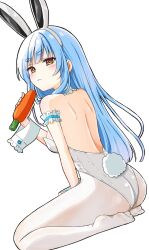 Rule 34 | 1girl, animal ears, ass, bare shoulders, blue hair, blush, breasts, carrot, closed mouth, dutch angle, fake animal ears, food, grey hairband, hairband, highres, holding, holding food, hololive, kiritoma, leotard, looking at viewer, looking back, pantyhose, rabbit-shaped pupils, rabbit ears, rabbit tail, red eyes, seiza, short eyebrows, simple background, sitting, small breasts, solo, strapless, strapless leotard, symbol-shaped pupils, tail, thick eyebrows, usada pekora, virtual youtuber, white background, white leotard, white pantyhose, wrist cuffs