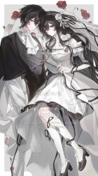 1boy 1girl absurdres ascot bare_shoulders black_hair black_jacket black_shoes border bridal_veil double-parted_bangs dress feishui_chonglang flower grey_background hair_between_eyes high_heels highres jacket kneehighs long_hair long_sleeves looking_at_viewer original outside_border parted_lips red_eyes red_flower shoes short_hair sleeves_past_wrists socks standing veil watermark wedding_dress white_ascot white_border white_dress white_socks