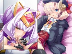 1boy 1girl :&gt;= age_difference animal_ears azarin_(kouyoku_senki_exs-tia) black_gloves blonde_hair blue_eyes blush censored cum cum_in_mouth cum_on_body cum_on_clothes exs-tia_magica facial fellatio game_cg gloves hair_over_one_eye hat headgear hetero horns inoino kouyoku_senki_exs-tia large_variant_set long_hair looking_at_viewer lying mosaic_censoring multiple_views non-web_source official_art on_back onee-shota open_mouth oral penis picologil purple_hair sheep_horns thighhighs trap variant_set yellow_eyes yellow_trim