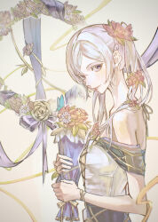 1girl armpit_crease artist_request bare_arms bare_shoulders bouquet bracelet breasts brown_eyes capelet clenched_hands collarbone dress female_focus female_robin_(fire_emblem) female_robin_(valentine)_(fire_emblem) fire_emblem fire_emblem_awakening fire_emblem_heroes flower flower_bracelet flower_knot from_side hair_flower hair_ornament halterneck hands_up highres holding holding_bouquet intelligent_systems light_smile lips long_dress long_hair looking_at_viewer medium_breasts neck nintendo off_shoulder official_alternate_costume sidelocks sleeveless sleeveless_dress spaghetti_strap standing swept_bangs turning_head twintails upper_body white_hair