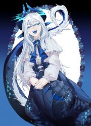 1girl 86knz animal_ears black_sclera blue_background blue_eyes blue_theme borrowed_character centauroid colored_eyelashes colored_sclera commentary_request dragon_ears dragon_girl dragon_horns fangs gradient_background halo heitorita_tourmaline highres horns long_hair long_sleeves looking_at_viewer monster_girl original puffy_long_sleeves puffy_sleeves shirt solo taur upper_body white_hair white_shirt