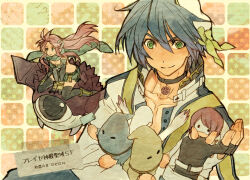 1boy 2girls 2others arch_bishop_(ragnarok_online) bad_id beholder_(ragnarok_online) black_choker blue_hair bow choker closed_mouth creature cross cross_choker cross_of_prontera echio green_bow green_eyes green_shorts hat hat_bow isilla jacket lala_(sputnik) long_hair mask mini_person minigirl multiple_girls multiple_others pink_hair purple_hair ragnarok_online ranger_(ragnarok_online) shorts smile translation_request upper_body vanberk white_jacket